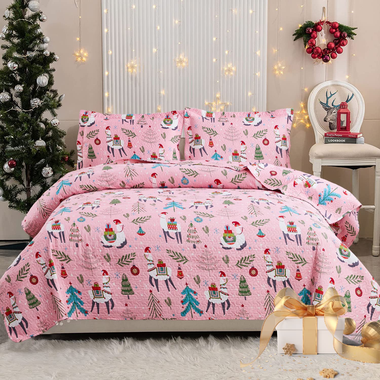 Chesity Christmas Bedding Quilt Set Queen Size 3-Piece Kids Bedspread Xmas Bedding Set With Alpaca Pattern Lightweight Coverlet